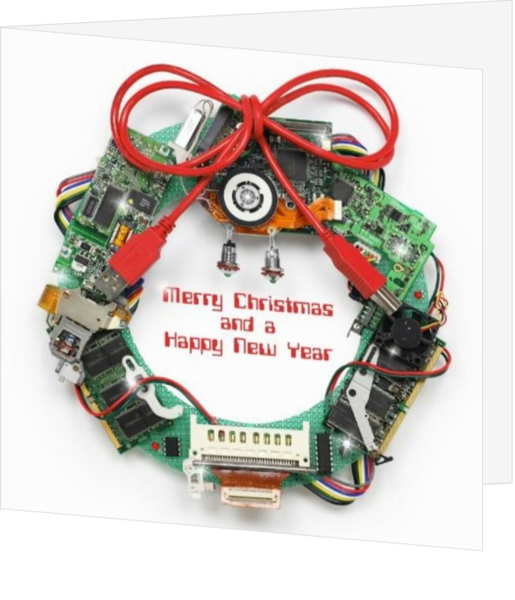 Kerstkaart met computer onderdelen in kerstkrans