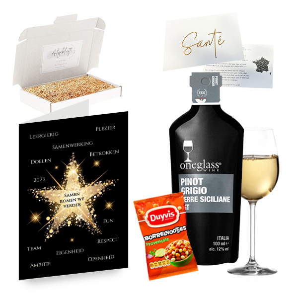 Borrel giftbox One glass Wine - Kerstster goud met kernwaarden