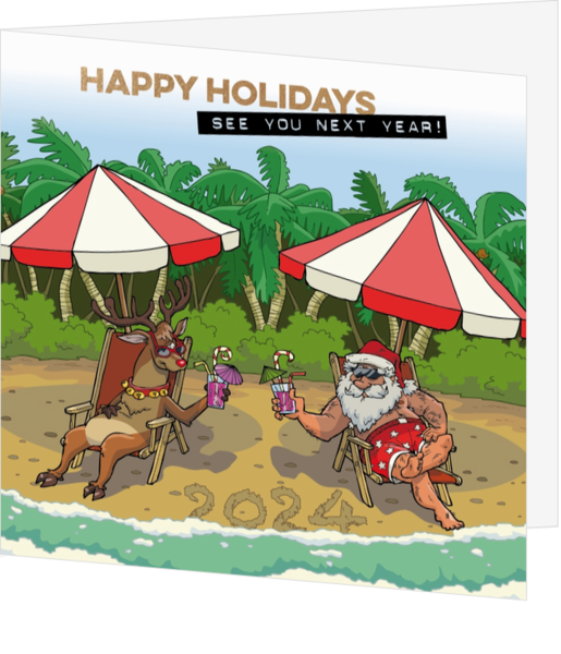 Mix & Match Kerstkaart - Kerstman en rendier op het strand