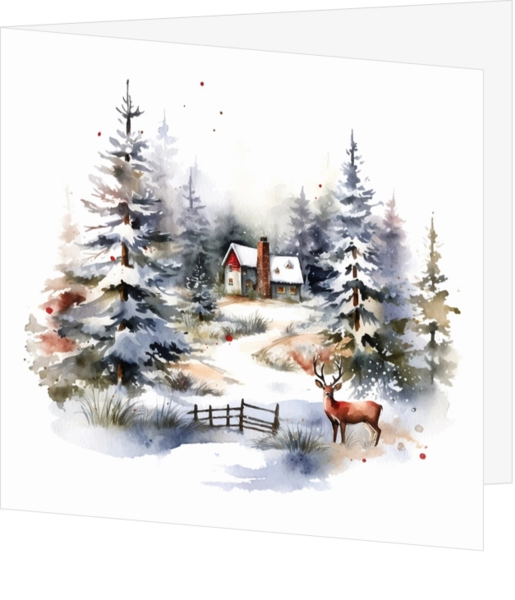 Kerstkaart aquarel van winterlandschap met rendier