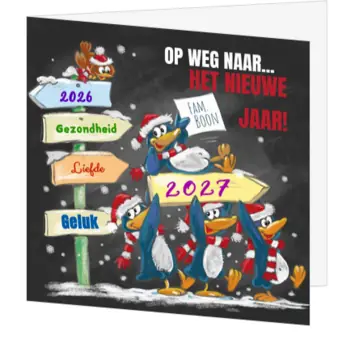 Grappige kerstkaart met pinguïns op weg naar het nieuwe jaar