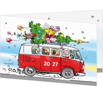 Grappige kerstkaart met kerstbus en kerstboom
