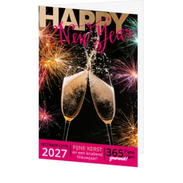 Feestelijke kerstkaart met vuurwerk en champagne