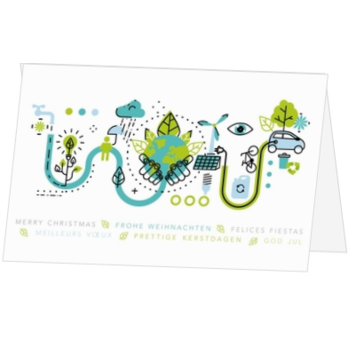 Duurzame kerstkaart met wereld en groene illustraties