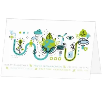 Duurzame kerstkaart met wereld en groene illustraties