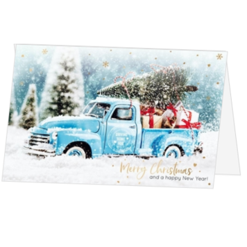 Kerstkaart met blauwe pickup en kerstboom