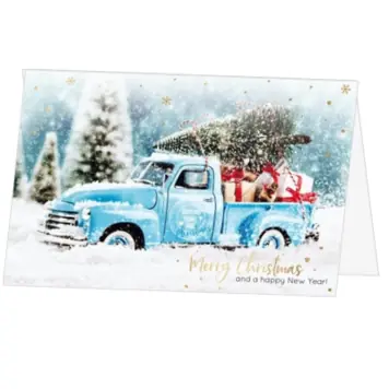 Kerstkaart met blauwe pickup en kerstboom