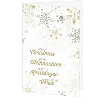 Kerstkaart met gouden sneeuwvlokken en meertalige kerstwens