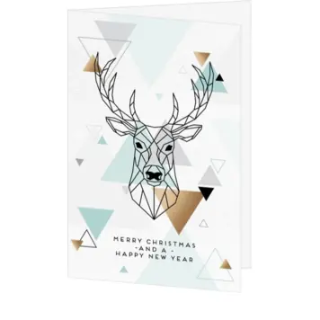 Kerstkaart met geometrisch rendier en goudaccenten