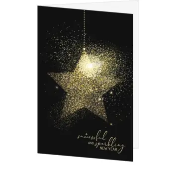 Kerstkaart met gouden ster op zwarte achtergrond