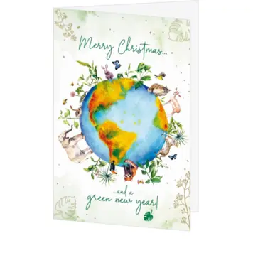 Kerstkaart met wereldbol, dieren en groene kerstwens