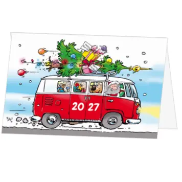 Kerstkaart met rode bus, kerstboom en jaartal 2027