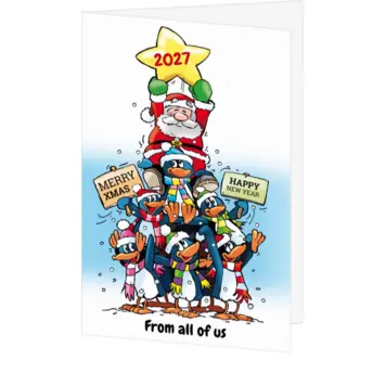 Kerstkaart met kerstman, pinguïns en 2027