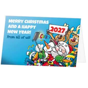 Kerstkaart met kerstman, rendier en 2027