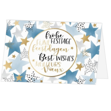 Kerstkaart met blauwe en gouden sterren