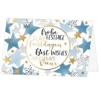 Kerstkaart met blauwe en gouden sterren