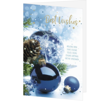 Kerstkaart met blauwe kerstballen en Best Wishes