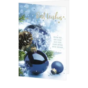 Kerstkaart met blauwe kerstballen en Best Wishes