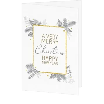 Kerstkaart met goudkader en stijlvolle kerstgroen illustraties