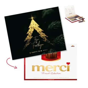 Kerstkaart met gouden lichtboom en cadeau