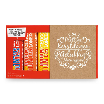 Kerstkaart op kraft met sierlijke kerstwens en Tony's Chocolonely