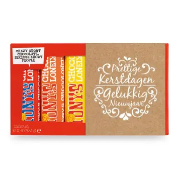 Kerstkaart op kraft met sierlijke kerstwens en Tony's Chocolonely