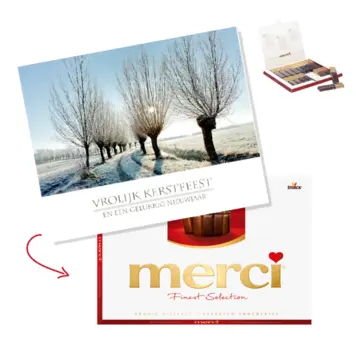 Kerstkaart met winters landschap en merci cadeau