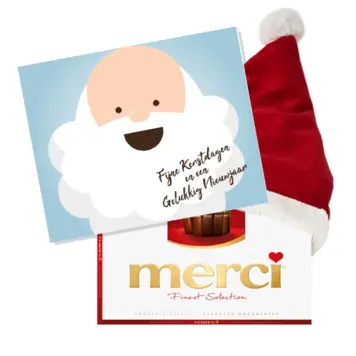 Kerstkaart met kerstman en Merci cadeau
