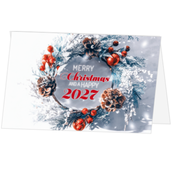 Kerstkaart met besneeuwde kerstkrans en jaartal 2027