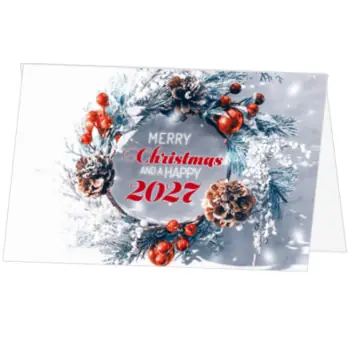 Kerstkaart met besneeuwde kerstkrans en jaartal 2027