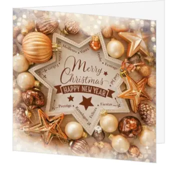 Kerstkaart met gouden sterren en kerstballen