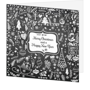 Kerstkaart met witte doodles op zwarte achtergrond