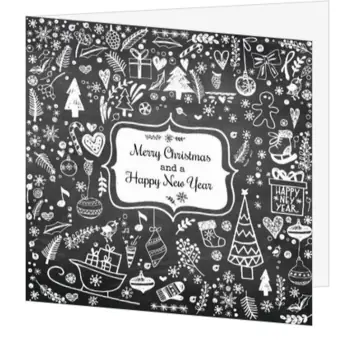 Kerstkaart met witte doodles op zwarte achtergrond