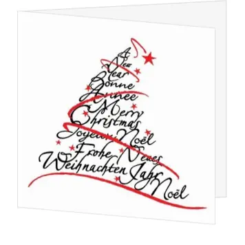 Kerstkaart met internationale kerstwensen in kerstboomvorm