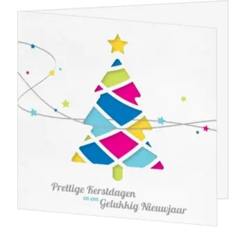 Kerstkaart met kleurrijke kerstboom en sterretjes