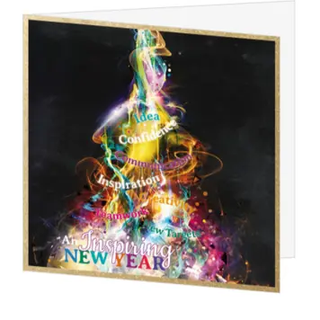 Kerstkaart met kleurrijke lichtboom en inspirerende woorden