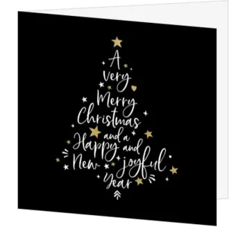 Kerstkaart met typografische kerstboom en gouden sterren
