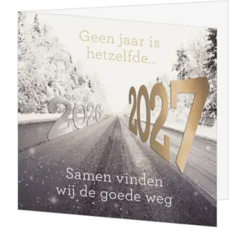 Kerstkaart met winterweg en jaartal 2027
