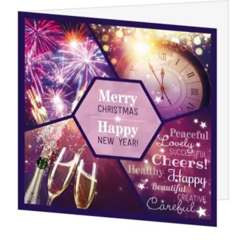 Kerstkaart met vuurwerk, klok en champagne