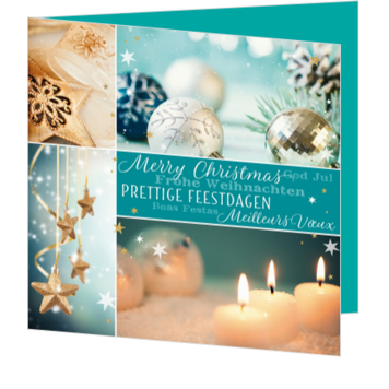 Kerstkaart met gouden sterren, kerstballen en kaarslicht