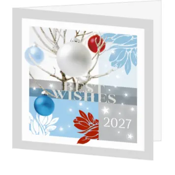 Kerstkaart met kerstballen en jaartal 2027