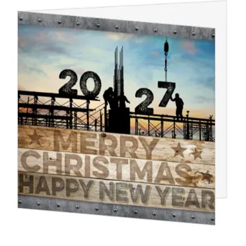 Kerstkaart met bouwplaats, houtlook en 2027