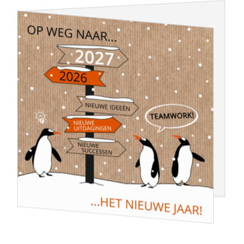 Kerstkaart met pinguïns en wegwijzer naar 2027