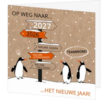 Kerstkaart met pinguïns en wegwijzer naar 2027