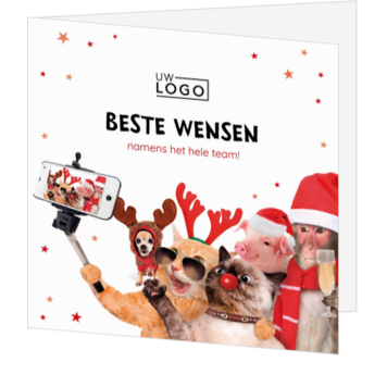Kerstkaart met dieren-selfie en eigen logo