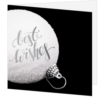 Kerstkaart met witte kerstbal en Best Wishes