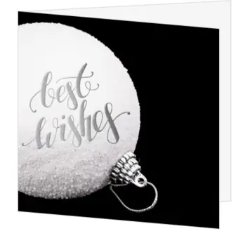 Kerstkaart met witte kerstbal en Best Wishes