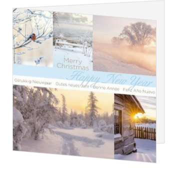 Kerstkaart met sfeervolle winterlandschappen en nieuwjaarsgroet