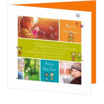 Kerstkaart met kinderen, foto’s en vrolijke illustraties