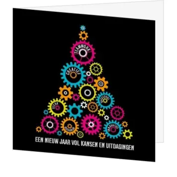 Kerstkaart met kleurrijke radertjes als kerstboom